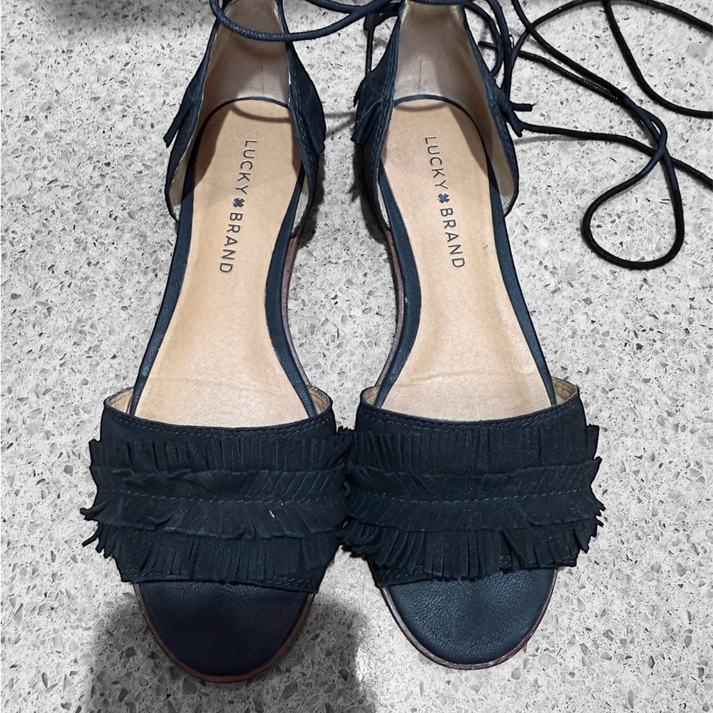 Lucky Brand Women's Dark Sandals with Fringe Size 6.5/36.5